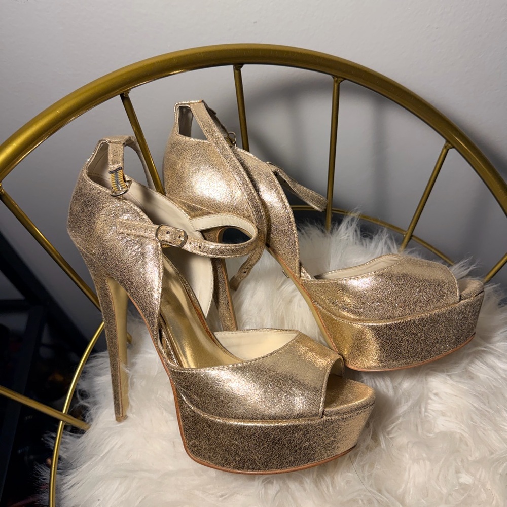 bebe Shimmering Gold Platform Heels